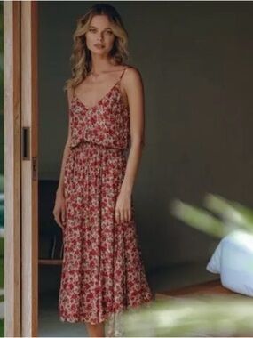Pampelone Alisee Floral Red & Cream Sundress with Smocked Waist Women’s x-small